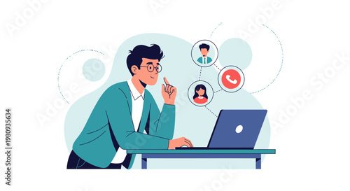 Man on Video Call with Colleagues, Remote Work Concept