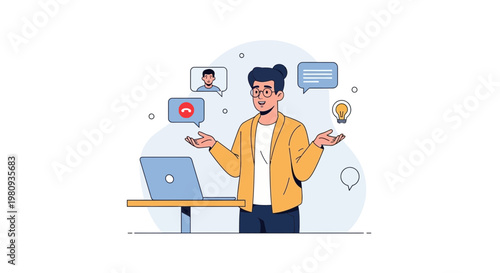 Man on video call, brainstorming ideas, online communication, remote work concept