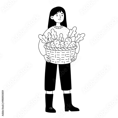 Young Woman Holding Basket of Fresh Carrots and Vegetables Illustration for Harvest and Gardening