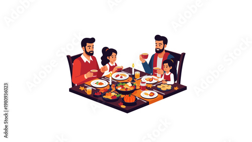 Family sitting around dinner table eating.