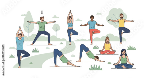A vibrant vector illustration of diverse people and children including a woman, boy, and girl having fun while doing yoga sport exercises in a cheerful cartoon style