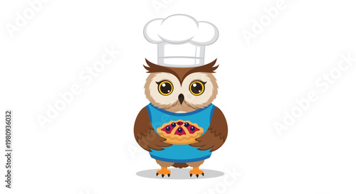 A cute cartoon owl character wearing a chef hat as an illustration for a fun cooking book design