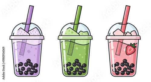 A colorful set of fresh cold beverage illustrations featuring assorted drinks in glass and plastic cups with straws and fruit isolated on white