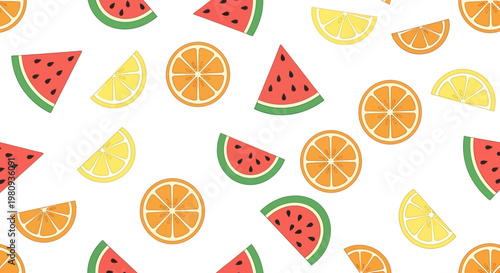 Seamless vector pattern featuring a fresh and healthy collection of juicy citrus slices like orange lemon lime and grapefruit alongside tropical kiwi for a sweet fruit background illustration