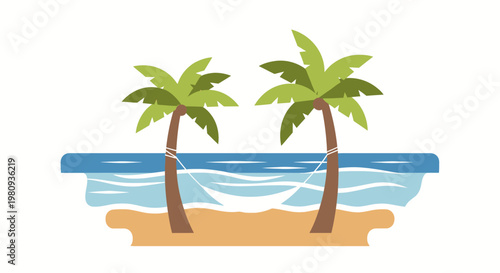 A serene tropical island landscape features a relaxing beach chair under a swaying palm tree beside the calm turquoise sea and golden sand under a bright summer sky