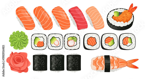 A fresh Japanese sushi set featuring salmon sashimi and maki rolls served as a healthy gourmet seafood meal isolated on white