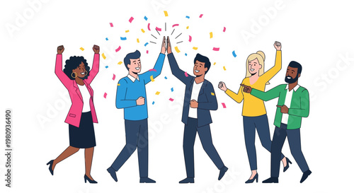 A diverse team of business professionals and friends celebrating their success with joyful smiles and energetic jumping in a casual group setting