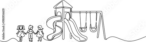 Continuous one line drawing of children playing at the playground, group of kids with slides and swings, minimalist park play set vector illustration.