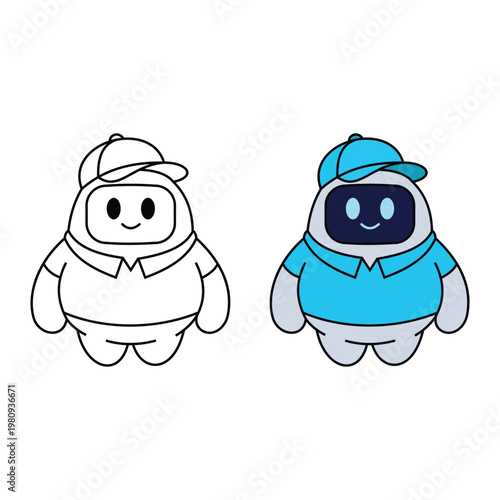Friendly Robot Companions: Two endearing robot figures, one in a line art and one in vibrant colors, each wearing a cap and polo, exude a warm and approachable aesthetic.