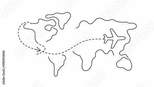 A simple line drawing of a world map with an airplane flying across it