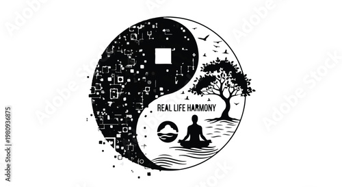 Yin yang symbol with person meditating under tree