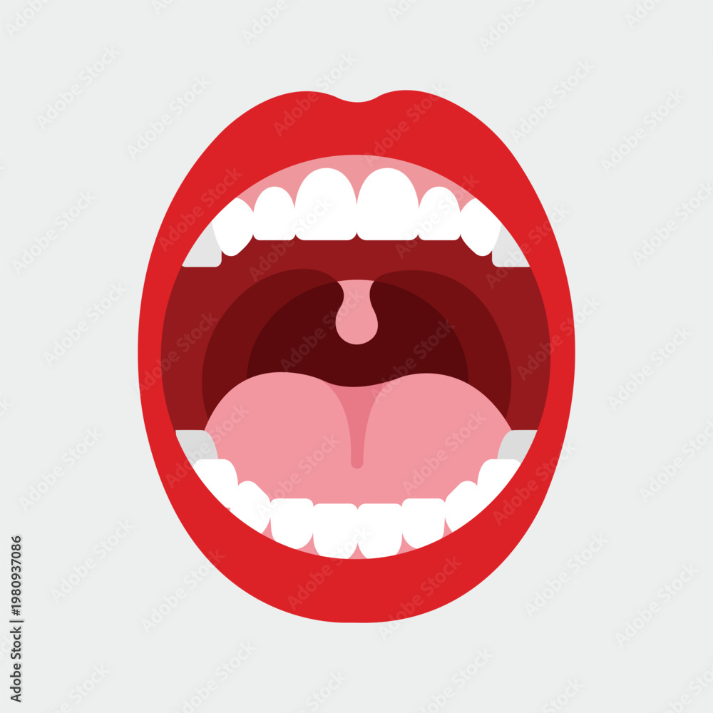 Fototapeta premium Open Mouth and Teeth: A visual representation of an open mouth, featuring vibrant red lips and showing healthy, white teeth.