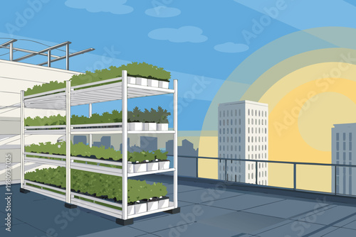 Vertical Farm Rooftop Setup Scene Vector Illustra