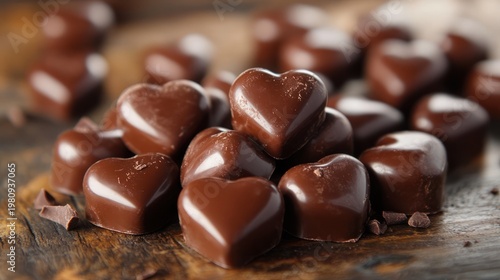 Chocolate hearts on wooden table; sweet treat