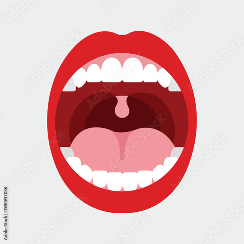 Open Mouth and Teeth: A visual representation of an open mouth, featuring vibrant red lips and showing healthy, white teeth.