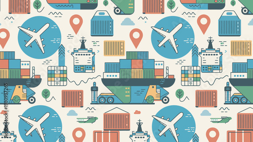 A colorful illustration of various transportation modes and logistics elements on a white background