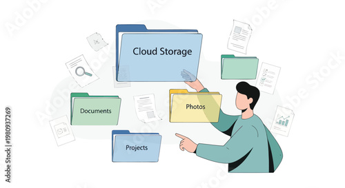 Man accessing cloud storage with organized digital files and folders