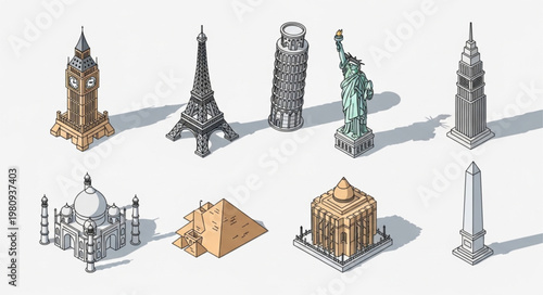 Collection of famous landmark miniatures arranged on a white background.