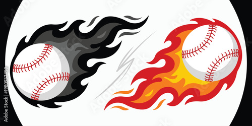 Fiery Baseball: A dynamic illustration showcases two baseballs, one engulfed in black flames and the other in vibrant orange and red flames, symbolizing intensity and competition. 