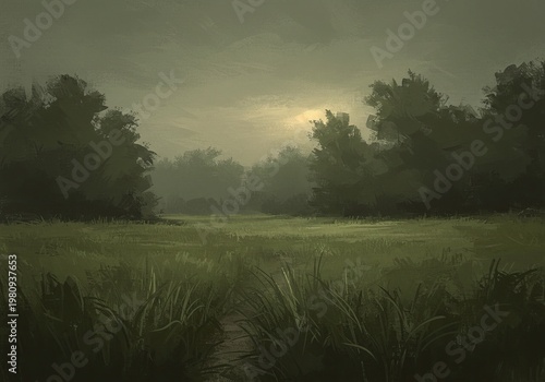 Misty Morning Landscape with Trees.