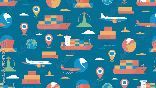 A colorful illustration of various transportation modes and logistics icons on a blue background
