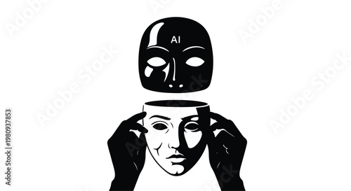 AI technology concept with human face and robot mask