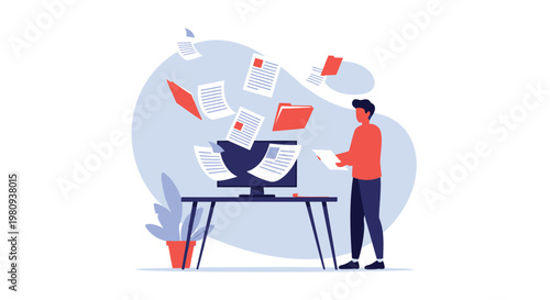 Man overwhelmed by paperwork and documents at desk with computer