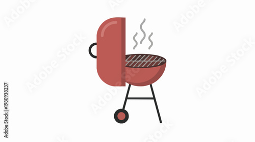Vibrant Red Barbecue Grill with Rising Smoke, Illustrating Summer Outdoor Cooking and Leisure Activities for Backyard Gatherings