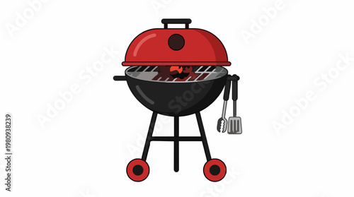 Barbecue grill with lid open and cooking tools, perfect for outdoor cooking and summer gatherings
