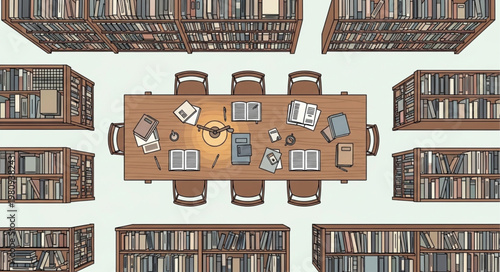 Top view of a library reading room with a large wooden table and chairs.