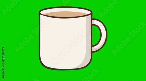 A white mug filled with a light brown beverage, isolated on a bright green background, perfect for representing a morning coffee or tea break
