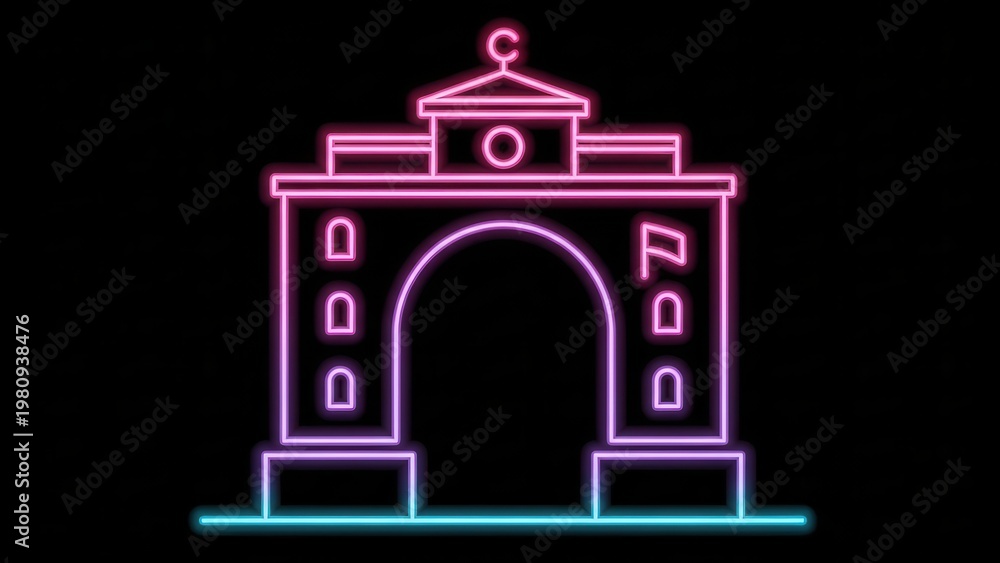 Fototapeta premium Vibrant neon glow outline of an elegant Islamic architectural gateway on a dark background