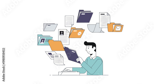 Man overwhelmed by paperwork and documents while working on laptop at desk in office