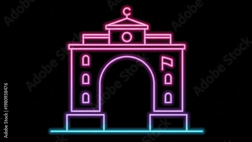 Vibrant neon glow outline of an elegant Islamic architectural gateway on a dark background