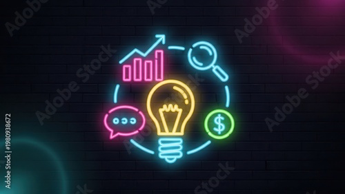 Neon light innovation strategy for business growth and financial success on a dark background