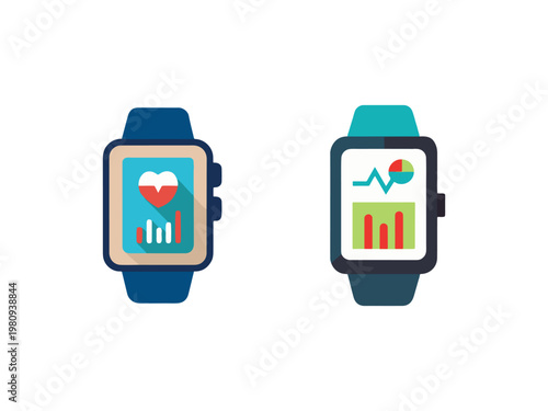 Smartwatch with heart rate and statistics graphs on screens  wearable technology devices