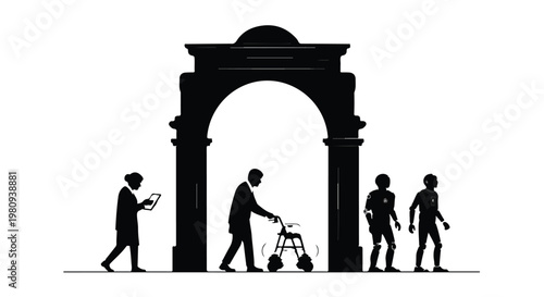 silhouette people walking through archway city scene