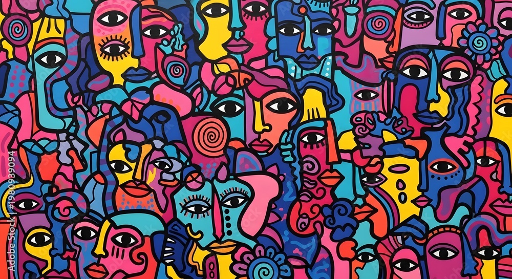 Fototapeta premium Vibrant mosaic of abstract faces in a colorful, chaotic composition