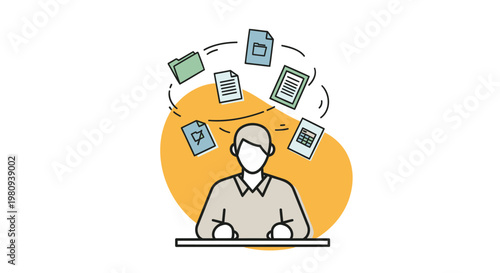 Overwhelmed businessman with paperwork and documents floating above his head in confusion