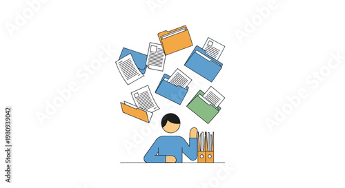 Overwhelmed student with papers and books flying around head in disorganization