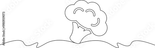 A minimalist line drawing of a smiling broccoli floret emerging from the ground with wavy lines