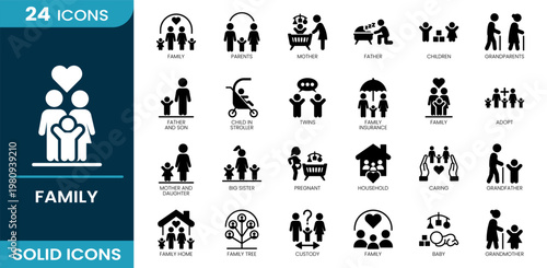 Family icon set. Parents, children, grandparents, twins, baby stroller, pregnancy, household, caring, adoption, siblings, home, baby, custody. Solid vector icons.