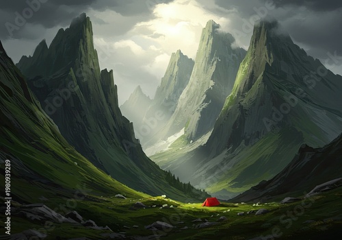 Mountain landscape with red tent.