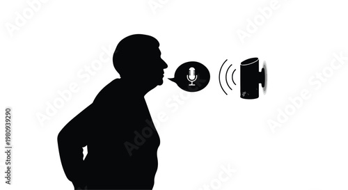 man speaking into microphone voice assistant