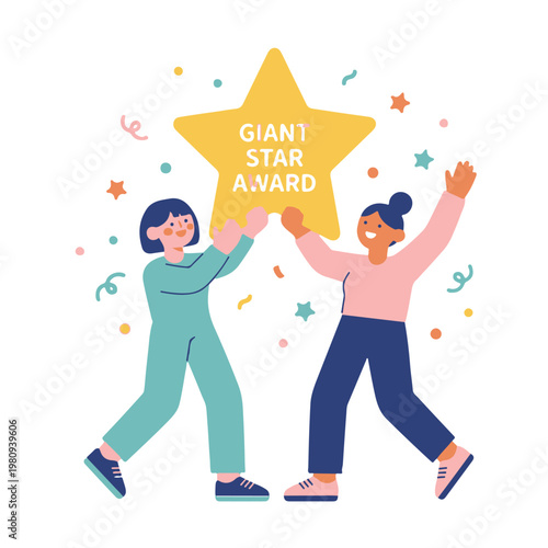 Two women hold up giant star award together outside