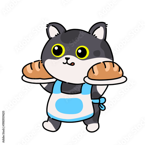 Cute kawaii cat chef serving bread on plates, colorful cartoon character illustration for bakery, food branding, kids content, and playful designs.