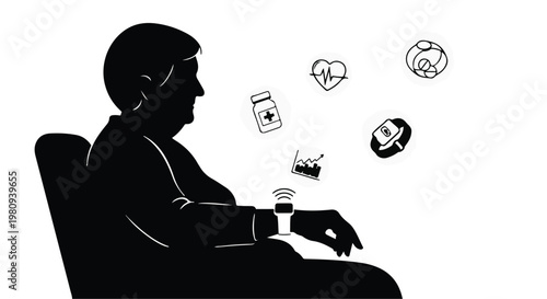 man sitting on a chair with smartwatch and icons