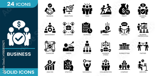 Business icon set. Team, leadership, profit, deal, management, schedule, earning, meeting, presentation, planning, ethics, partner, analysis, strategy, company, employee. Solid vector icons.
