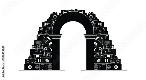 Black and white illustration of archway made from old electronic devices