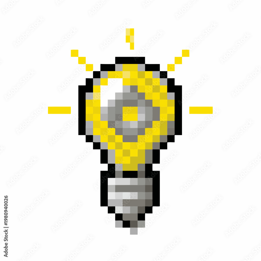 Obraz premium A pixel art illustration of a bright yellow light bulb with gray base.